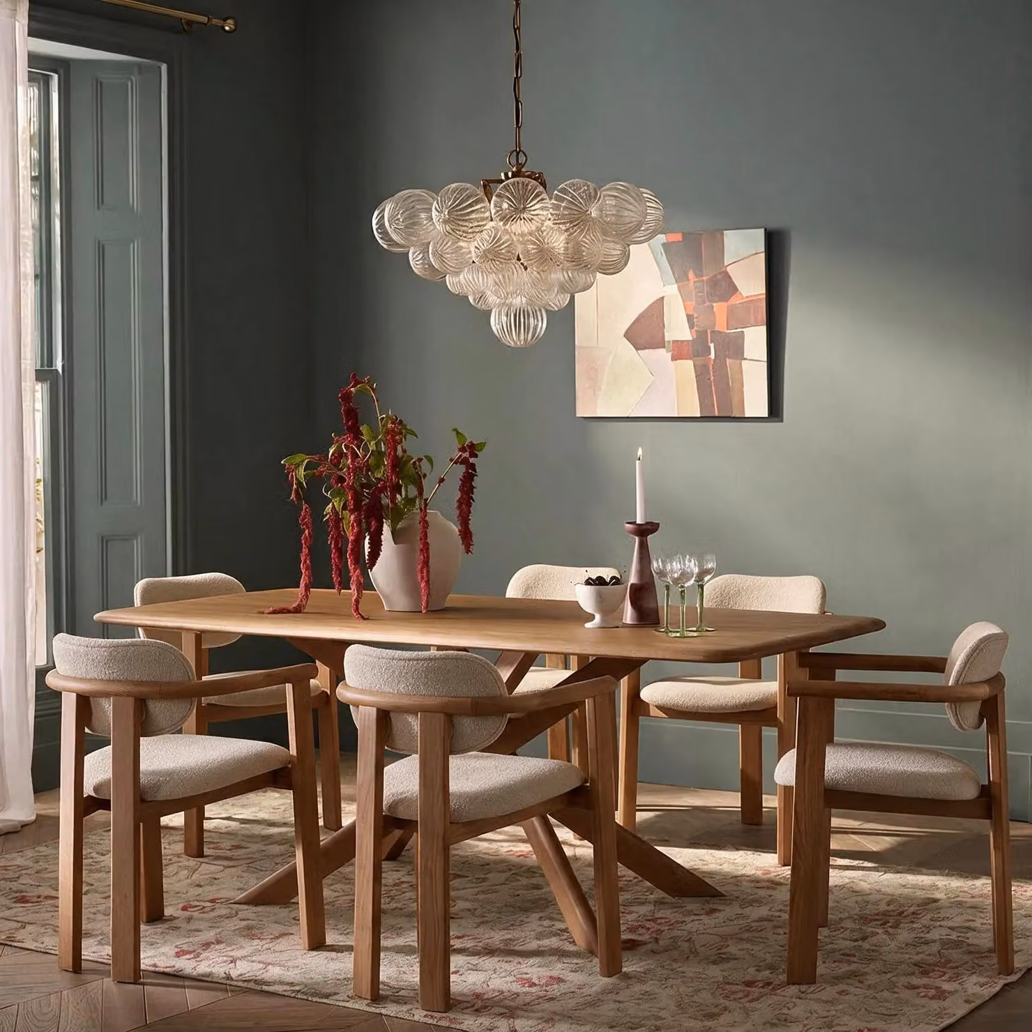 Atkin and Thyme Cruz Oak Dining Table and 6 Cora Neutral Bouclé Dining Chairs Set