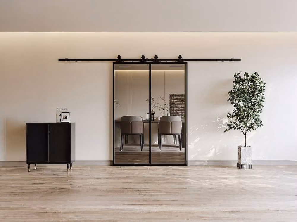 Vente-unique Modern Double Sliding Pocket Door System in Black Aluminium and Smoked Glass, W: 205 cm, H: 93 cm – 2