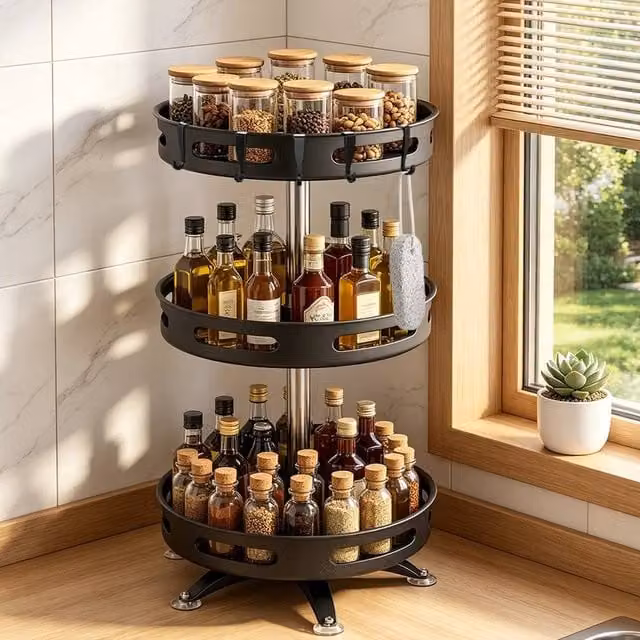 EONLION 3 Tier Rotating Spice Rack in Black, Height: 100 cm