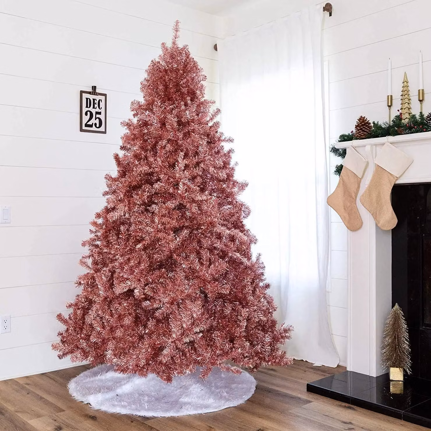 Shatchi 6ft Artificial Christmas Tree with Rose Gold Shiny Tinsel Tips – 3