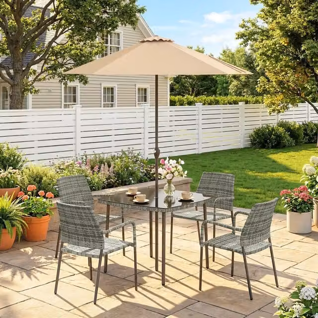 Outsunny 4 Seater Modern Rattan Dining Set with Parasol in Grey