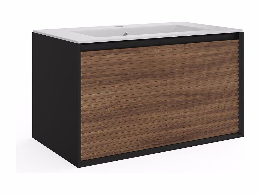 Vente-unique Grooved Floating Bathroom Vanity Unit with Inset Ceramic Basin in Dark Natural and Black, W/D/H: 80.0 x 45.8 x 45.0 cm – 2