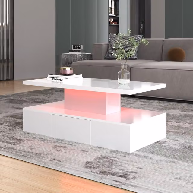 Home Touch Interior Modern High Gloss White LED Coffee Table