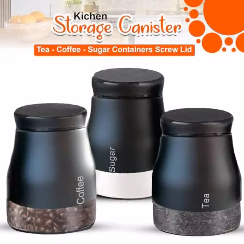 ATEK Set of 3 Glass Kitchen Storage Canisters with Screw Lids in Black and White – 3