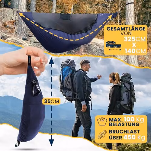 Ticket to the Moon Lightest Pro Hammock with Insect Protection and Integrated Ridgeline, Navy Blue – 10