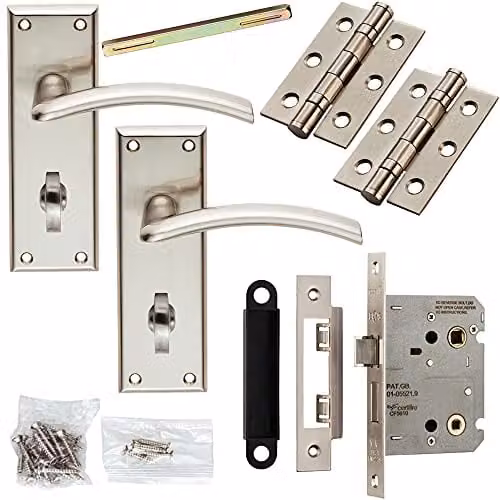 Loops Door Handle and Bathroom Lock Pack in Brushed Silver Nickel Plated Metal