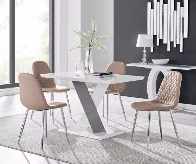 Furniturebox Monza White High Gloss Rectangular Dining Table with 4 Corona Silver Chairs in Yellow