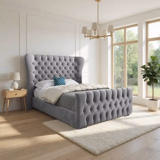 KDMD Skegness Grey Soft Velvet Upholstered Designer Bed Frame, Small Single – 1