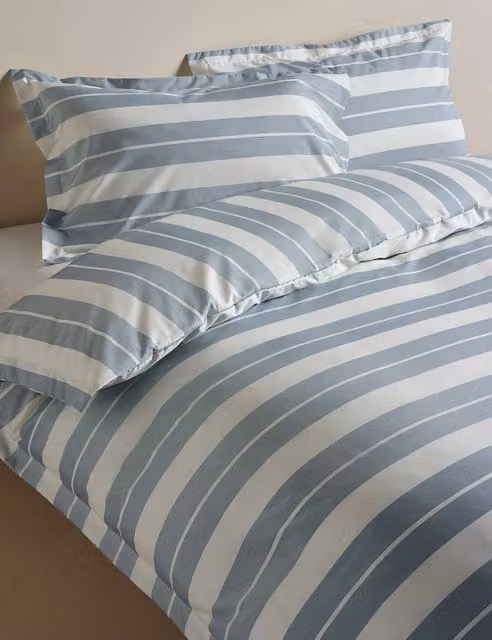 M&S Egyptian Cotton Wide Stripe Printed Bedding Set in Slate Blue, W: 140 cm, L: 200 cm