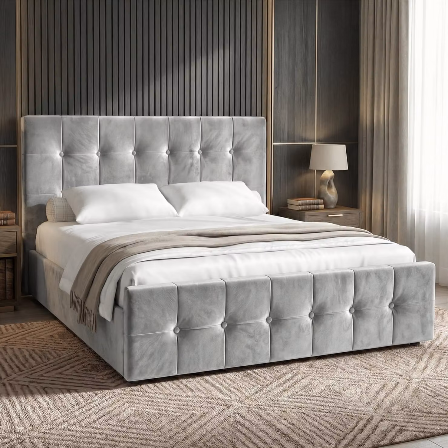 DHS Grey Velvet Square Ottoman Storage Bed Frame, W/D/H: 180 x 200 cm