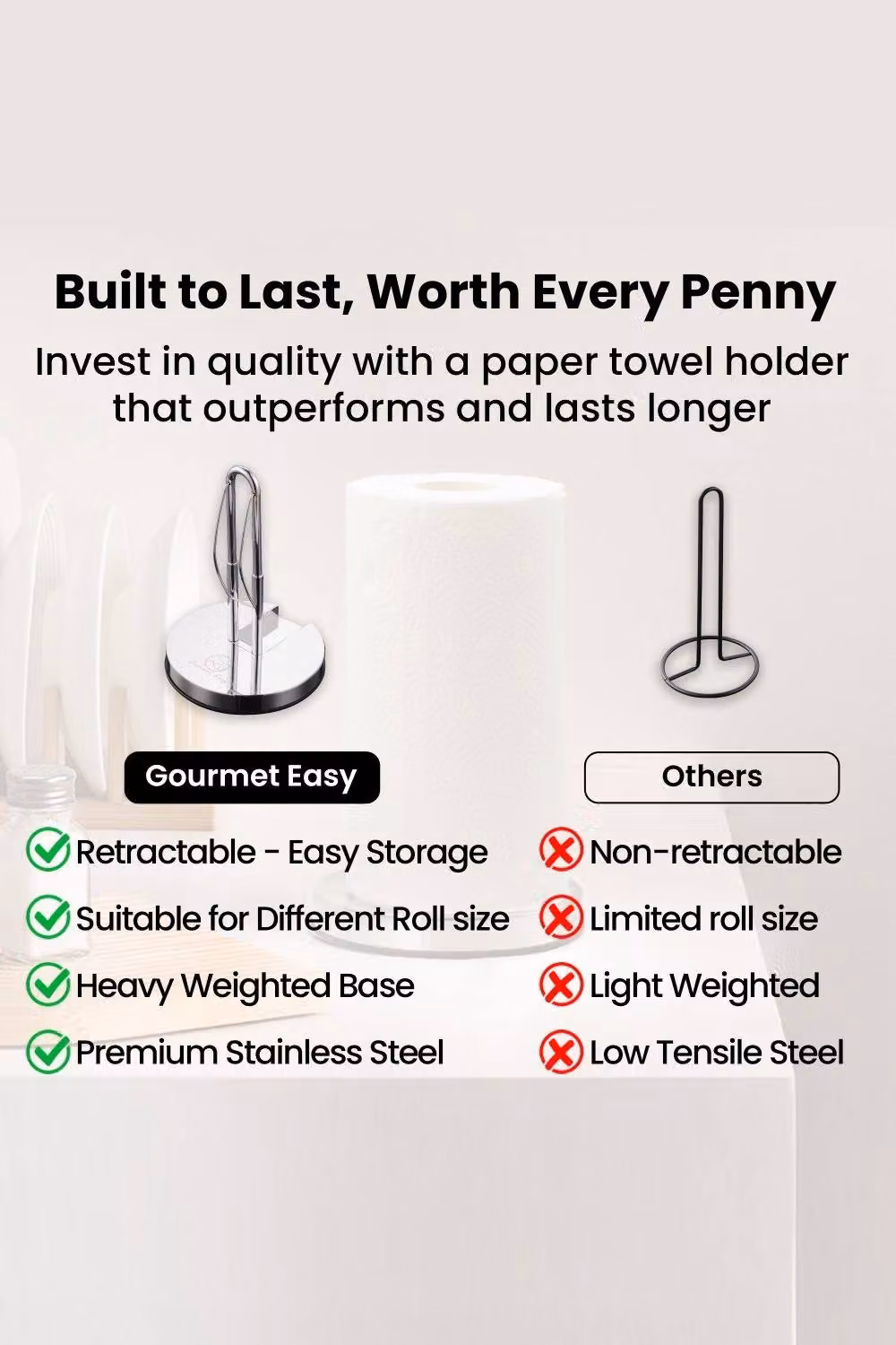 Gourmet Easy Freestanding Stainless Steel Kitchen Paper Towel Holder - Silver – 5