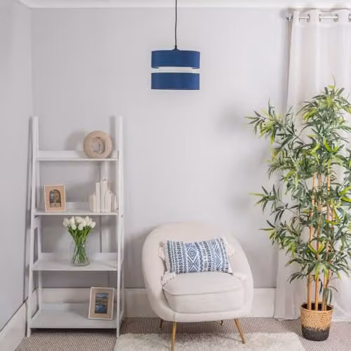 ValueLights Pair of Small Navy Blue Fabric 2 Tier Drum Ceiling Light Shades with Warm White LED Bulbs, Width: 26 cm – 3