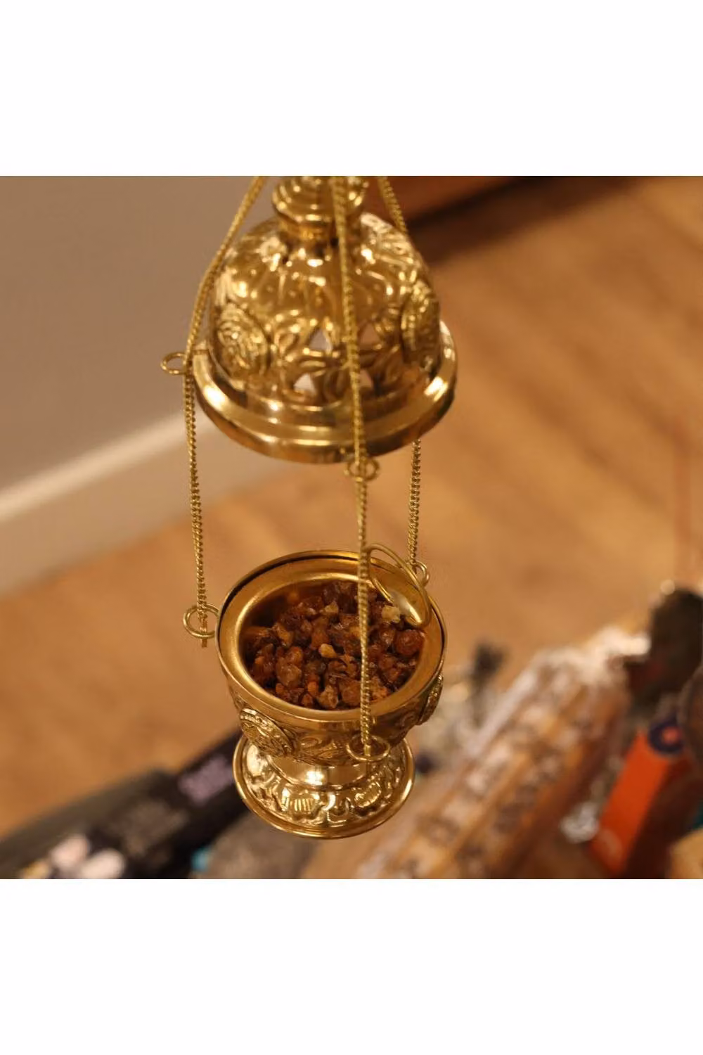 KDMD Gold Hanging Brass Incense Burner with Floral Design – 2