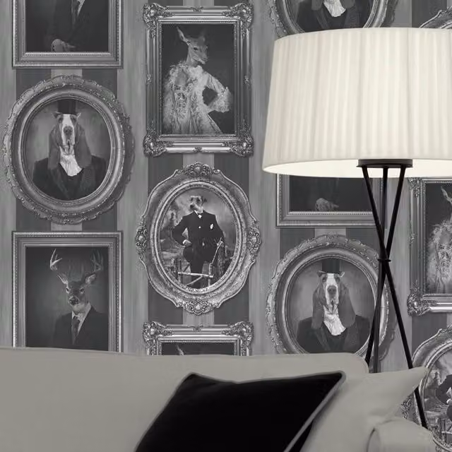 Muriva Framed Dogs Wallpaper in Black and Grey