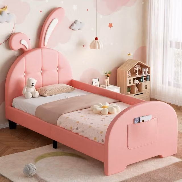 ModernLuxe Kids Upholstered Single Bed with Rabbit Design in Pink, W/D/H: 90 x 190 x 93 cm – 1