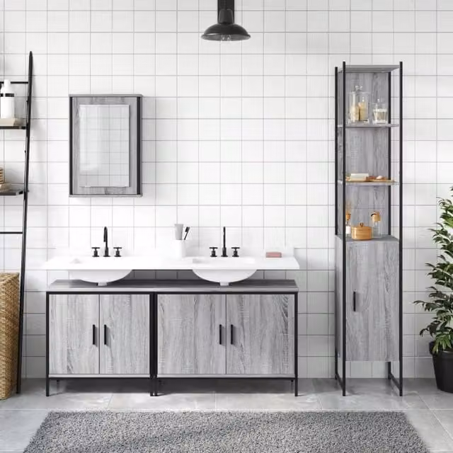Berkfield Home 4 Piece Grey Bathroom Furniture Set with Mirror Cabinet, Vanity Unit and Tall Cabinet – 1