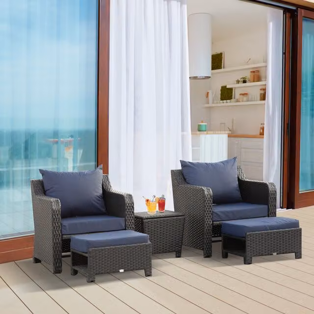 Outsunny 5 Piece Modern Blue Rattan and Metal Outdoor Sofa Set