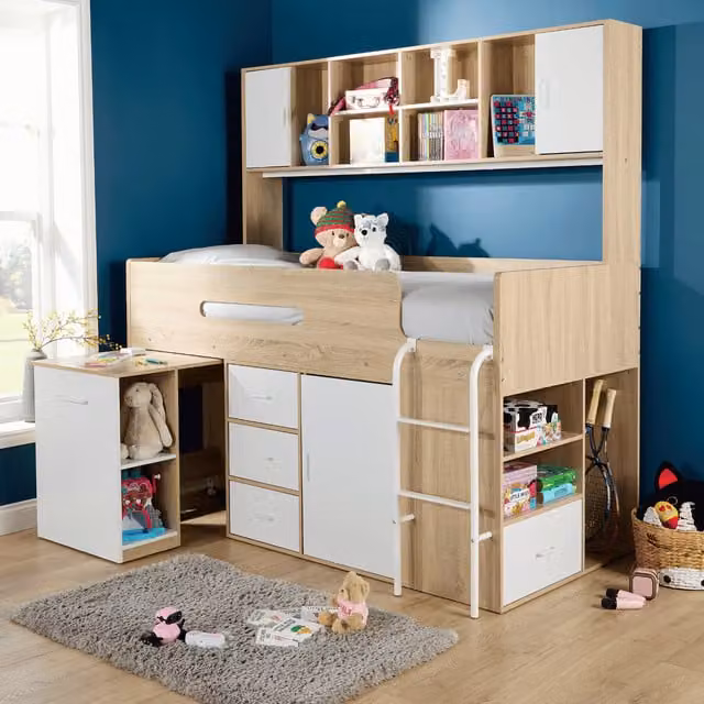 Home Source Marsden Mid Sleeper Cabin Bed in White and Light Oak Effect with Storage Drawers and Hidden Desk, W/D/H: 190 x 90 x 205.8 cm