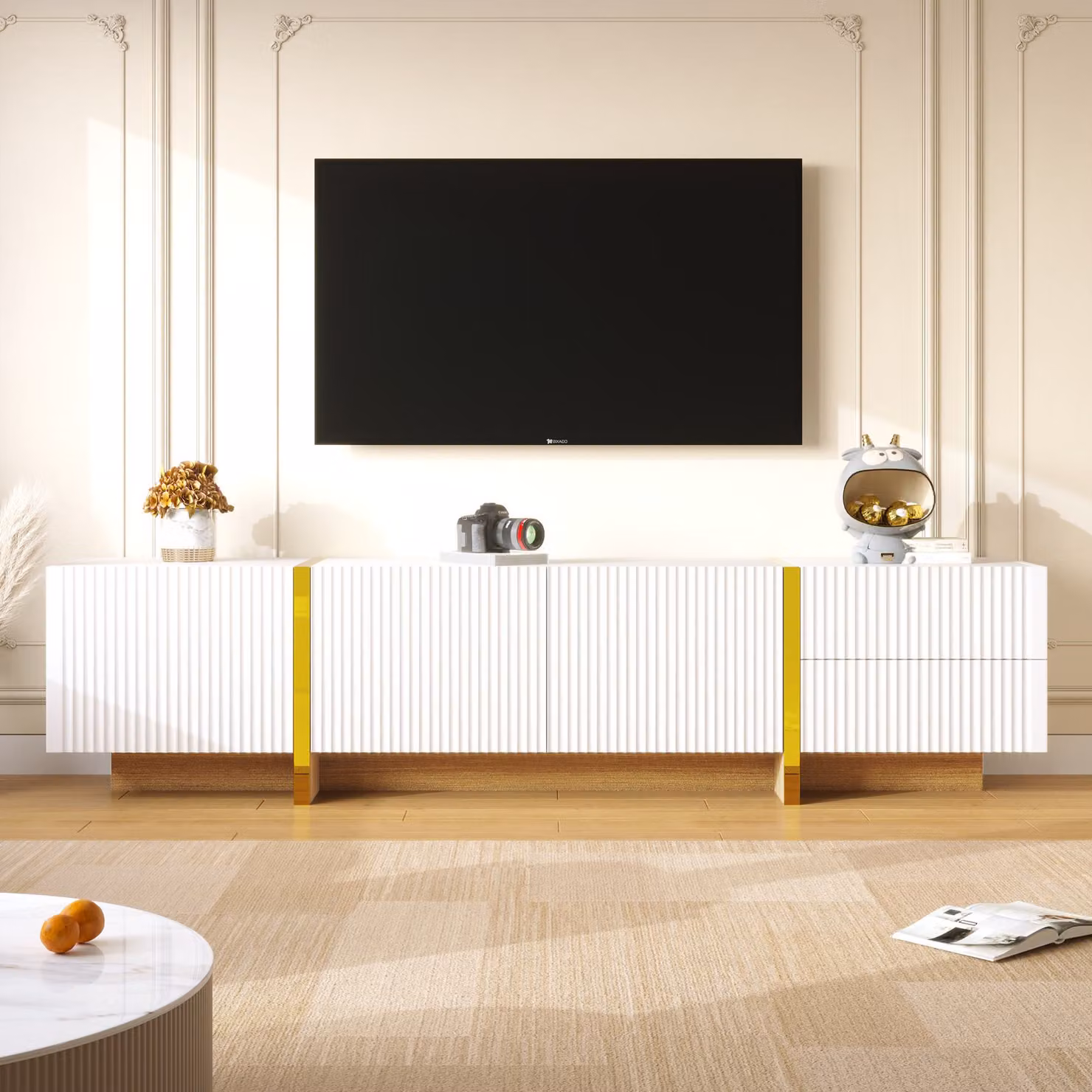 Aosom UK Elegant Modern TV Cabinet with Large Storage and Soft-Close Hinges, Gold and White, W: 190 cm, D: 35 cm, H: 45 cm – 3