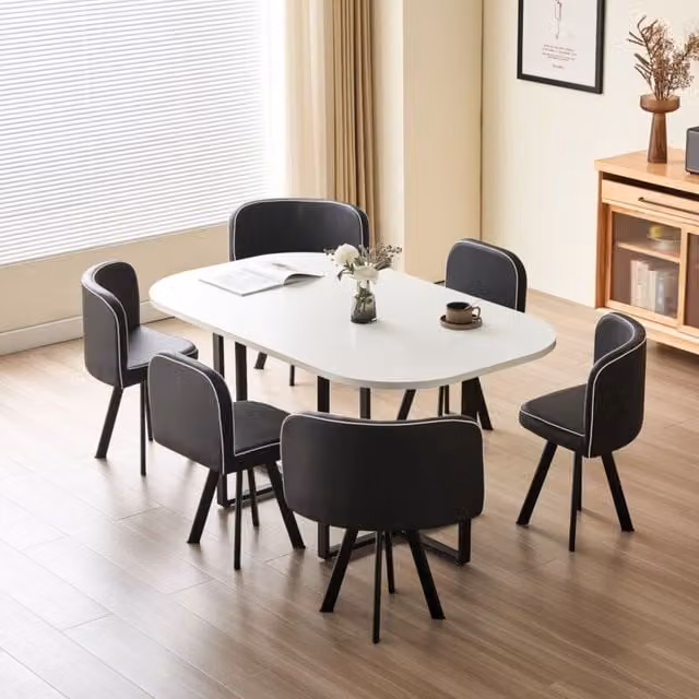 Comfy Living Ltd Modern Square Dining Table Set with 6 Black Chairs and White Table, W/D/H: 150 x 150 x 75 cm
