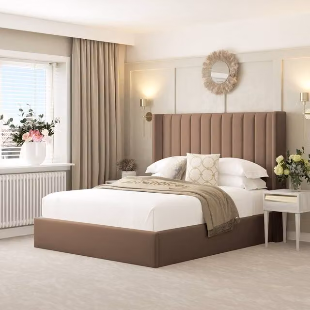 Bed Choices Madison Upholstered Ottoman Bed Frame with Chelsea Mattress in Taupe, W/D/H: 200 x 200 cm