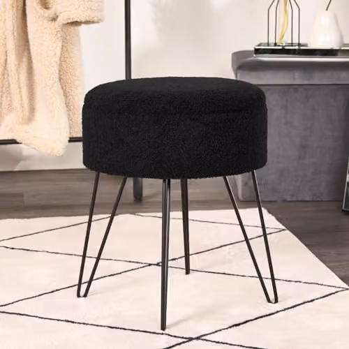 OHS Black Boucle Fabric Round Footstool with Storage and Hairpin Legs, W/D/H: 37 x 37 x 45 cm – 2