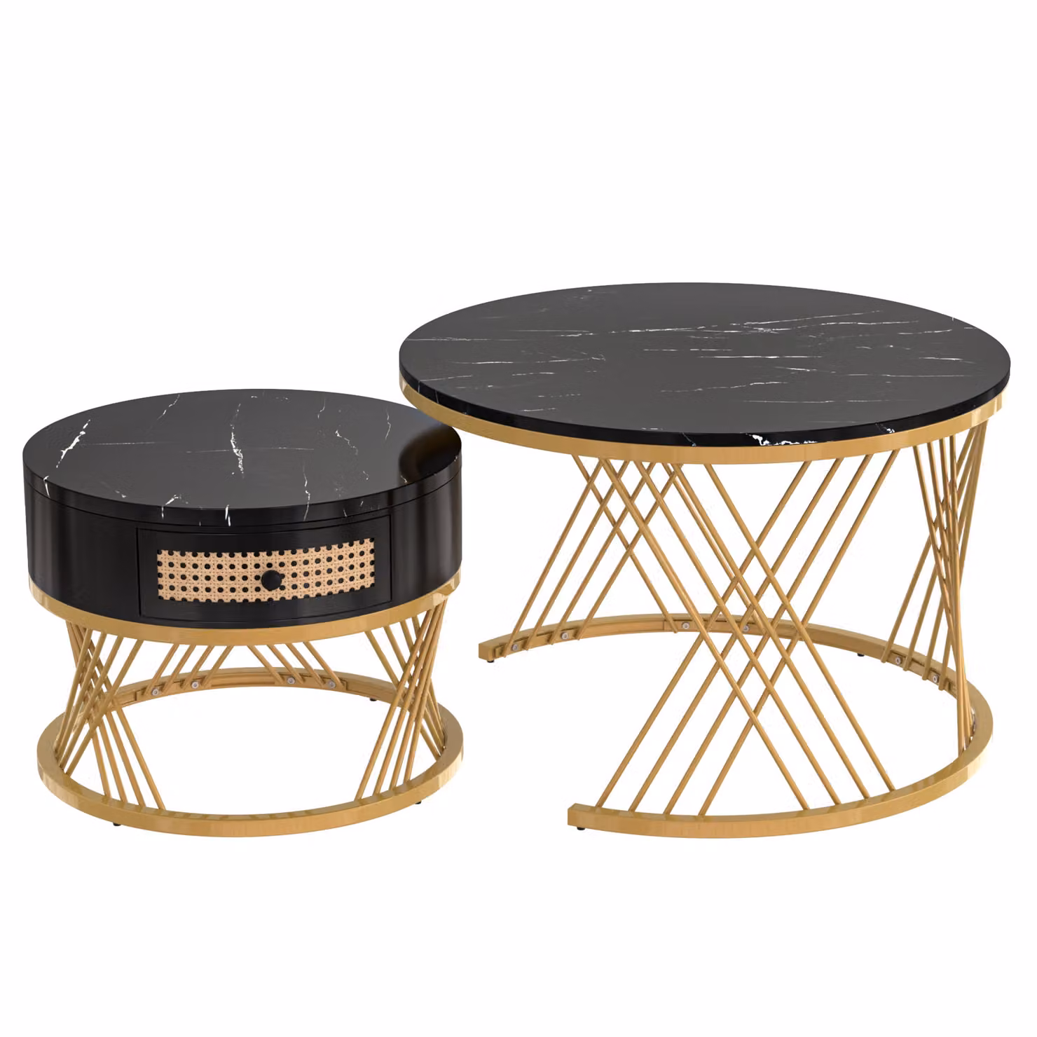 Aosom.UK 2-in-1 Nesting Coffee Table with Marble Grain Veneer Top and Rattan Drawers, Black and Gold, W/D/H: 70 x 70 x 45.5 cm – 2