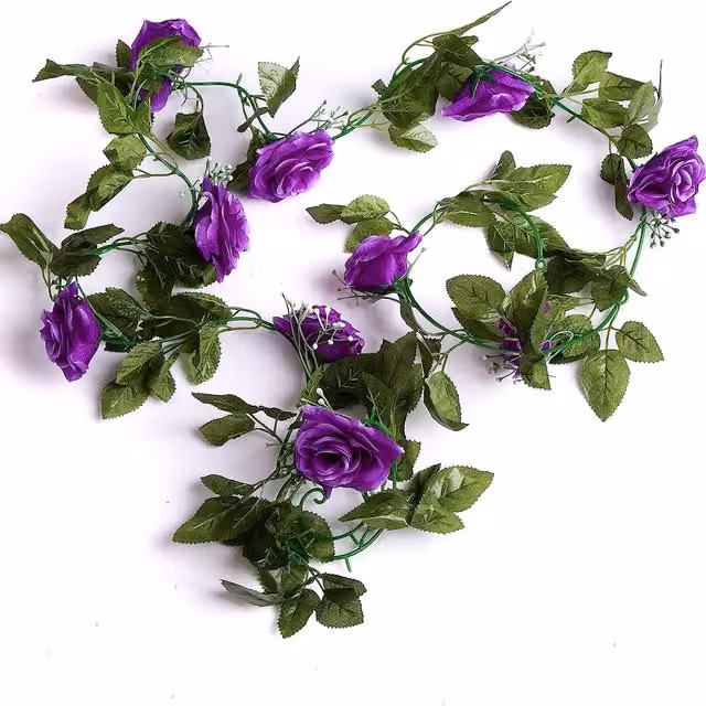 7ft Purple Silk Rose Garland with Floral Foliage and Leaves