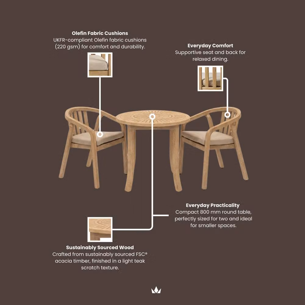 Royalcraft Maris 2-Seater Round Acacia Wood Garden Table and Chairs Set in Sand/Beige – 3