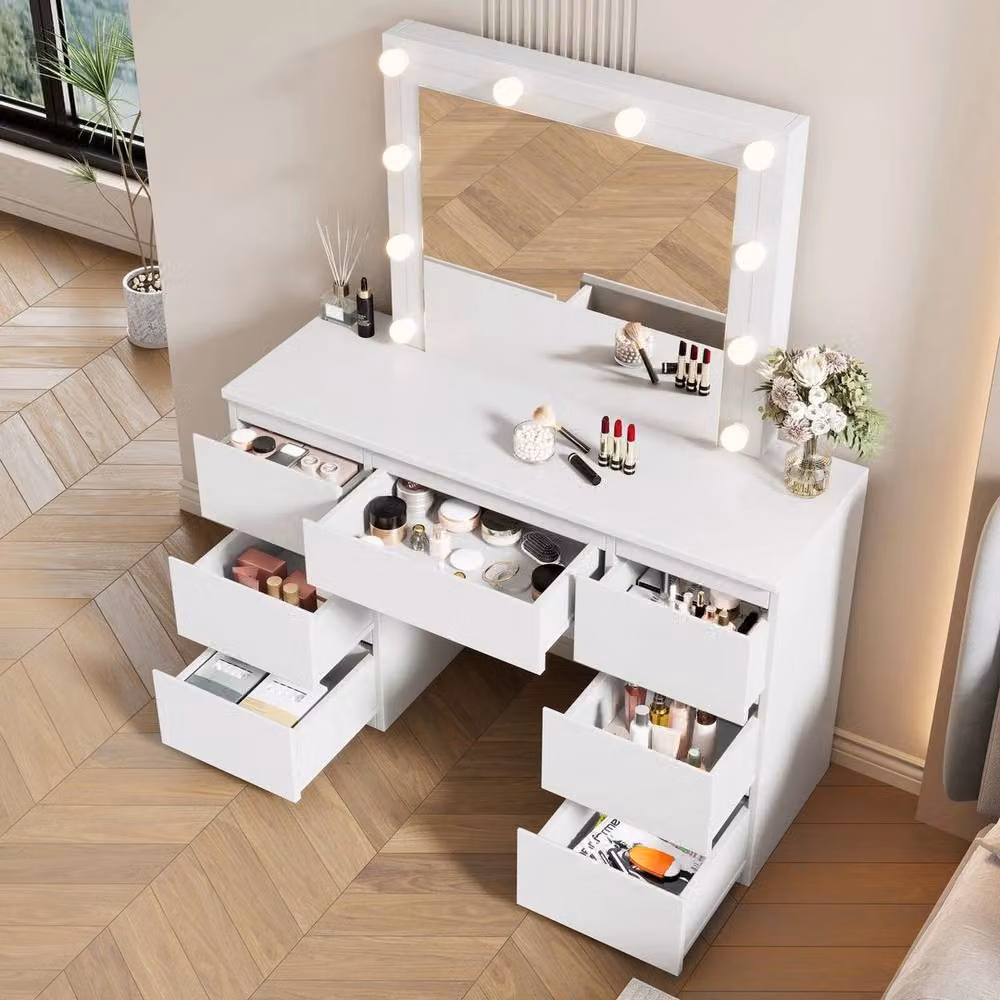 FORGEVIO Modern White 7 Drawer Dressing Table with Integrated Lighting and Mirror Top – 2
