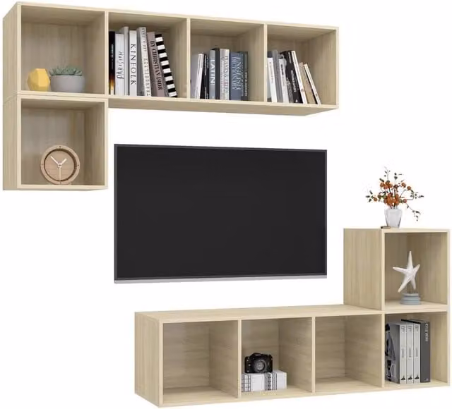 Berkfield Home Practical 4 Piece TV Cabinet Set in Sonoma Oak and Light Tan Beige