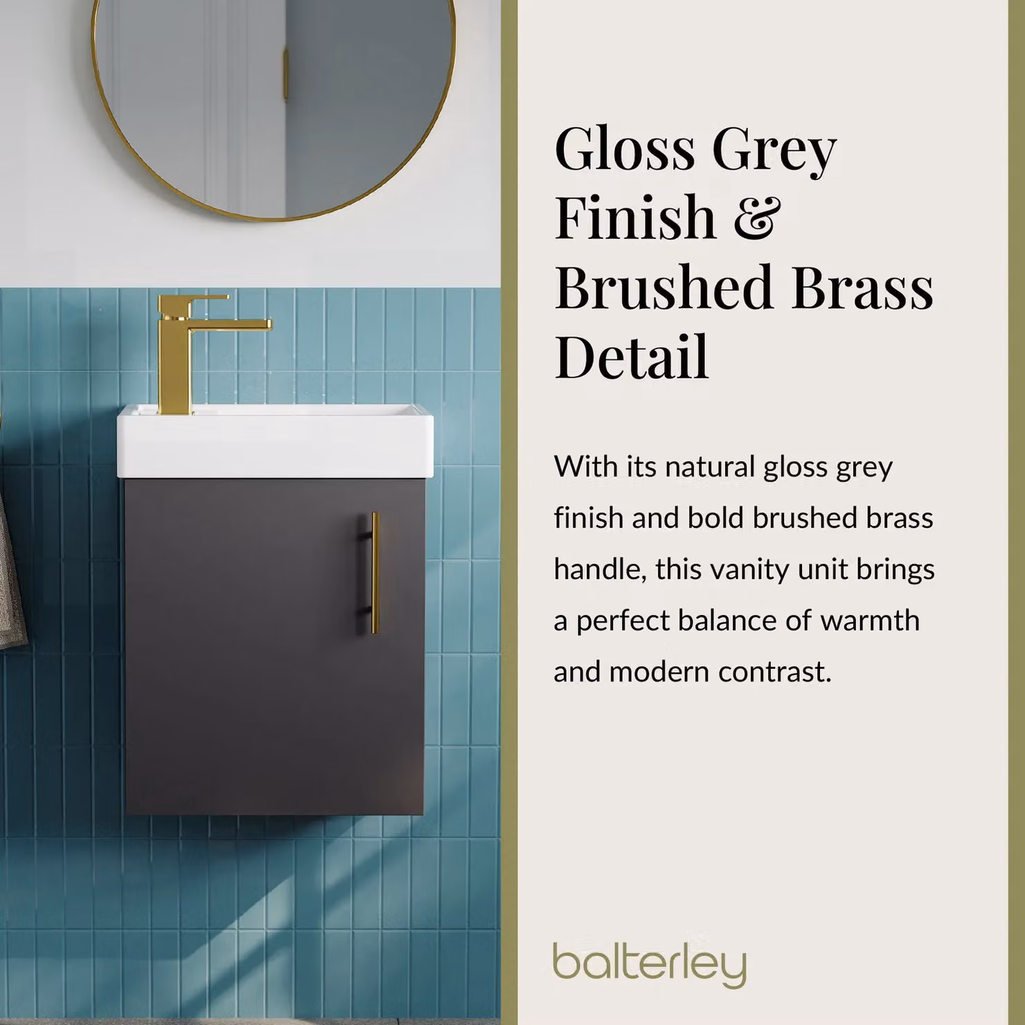 Balterley Wall Mounted Gloss Grey Vanity Basin with Brushed Brass Handle, Width: 40 cm – 4
