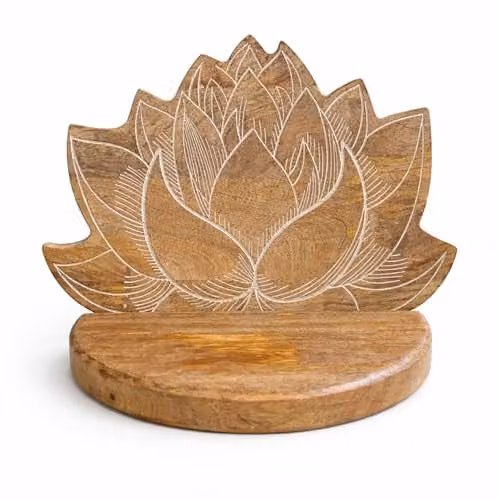 Serenityy Lotus Wall Mounted Mango Wood Shelf with Floral Design in White and Brown, W/D/H: 38 x 16 x 28 cm