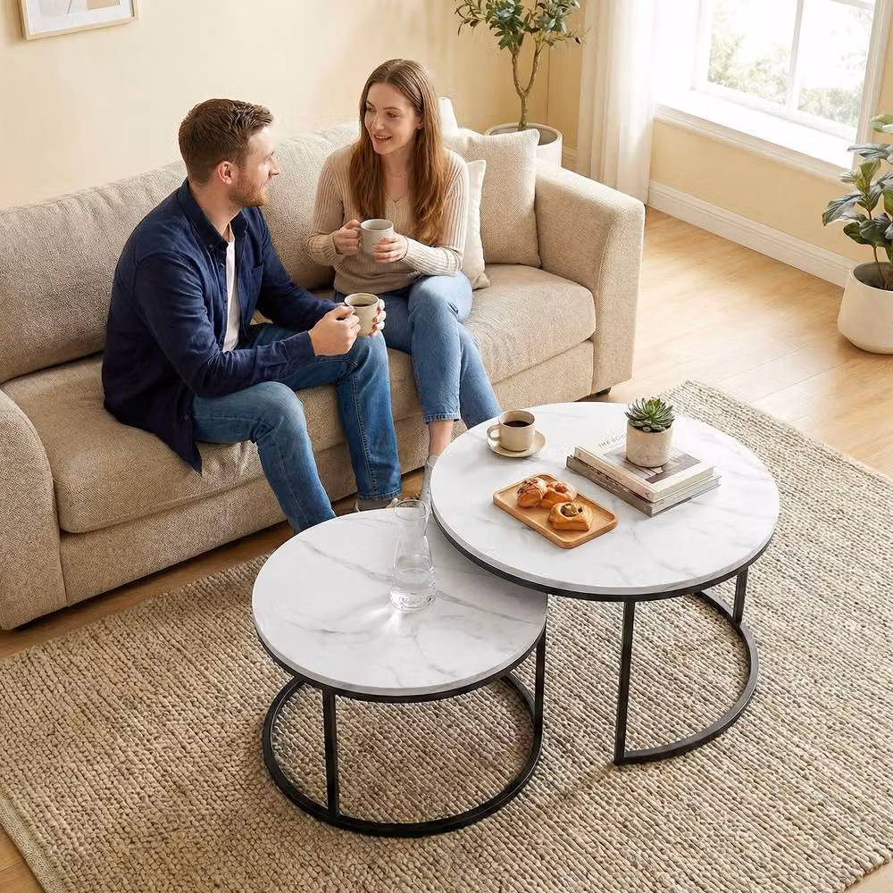 STILVORA Set of 2 Round Nesting Coffee Tables with White Marble-Effect MDF Tops and Black Metal Sled Base – 7
