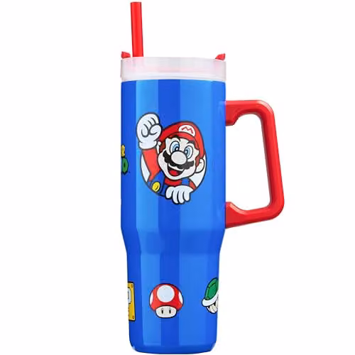 Get Trend Super Mario Insulated Stainless Steel Tumbler with Straw and Handle, Blue, 920ml – 1