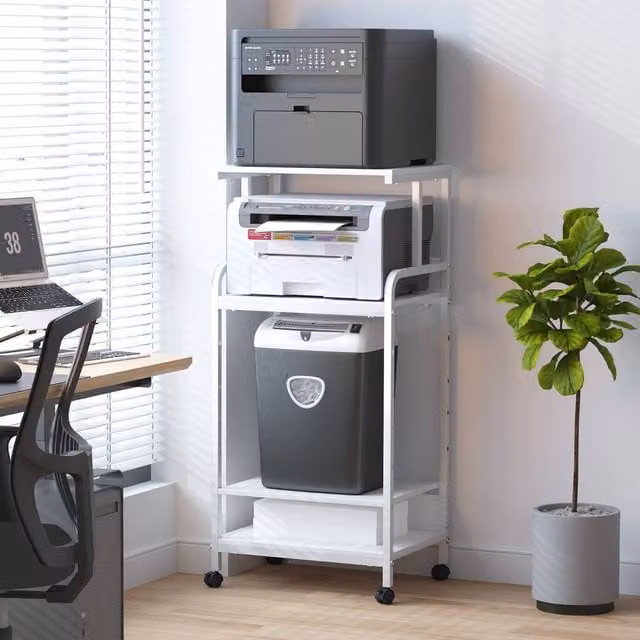 Huhote 4-Tier Printer Stand with Adjustable Storage Shelves and Locking Wheels, White, H 113 x W 40 x D 40 cm – 1