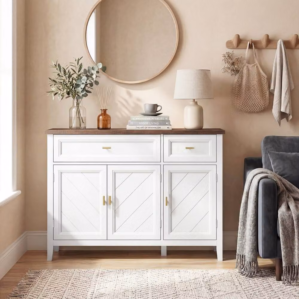 STILVORA Modern White Lacquered Sideboard Storage Cabinet with 2 Drawers and Shelves – 2