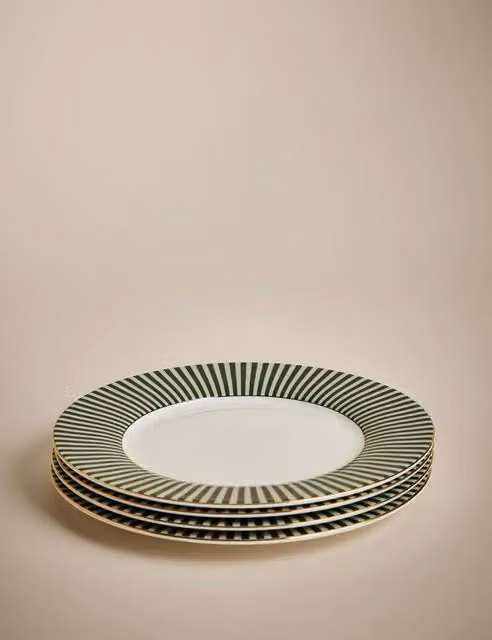 M&S Hampton Set of 4 Striped Bone China Side Plates in Green