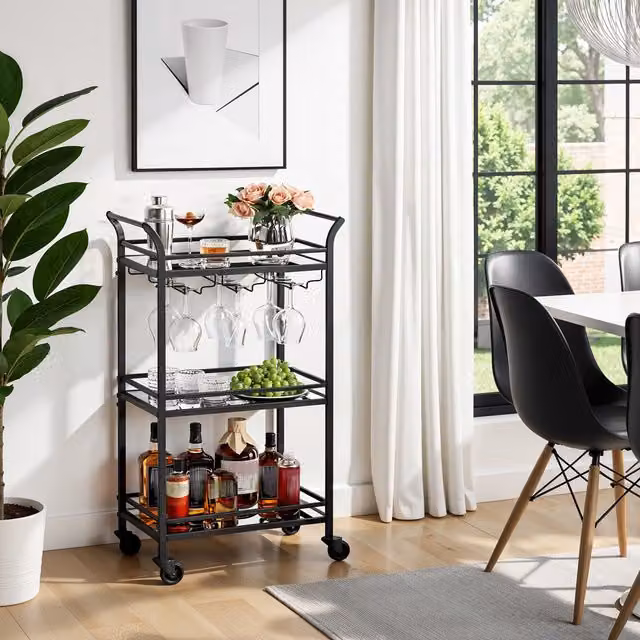 VASAGLE 3-Tier Modern Drinks Trolley with Glass Shelves and Wheels, Black, W/D/H: 60.0 x 30.0 x 92.0 cm