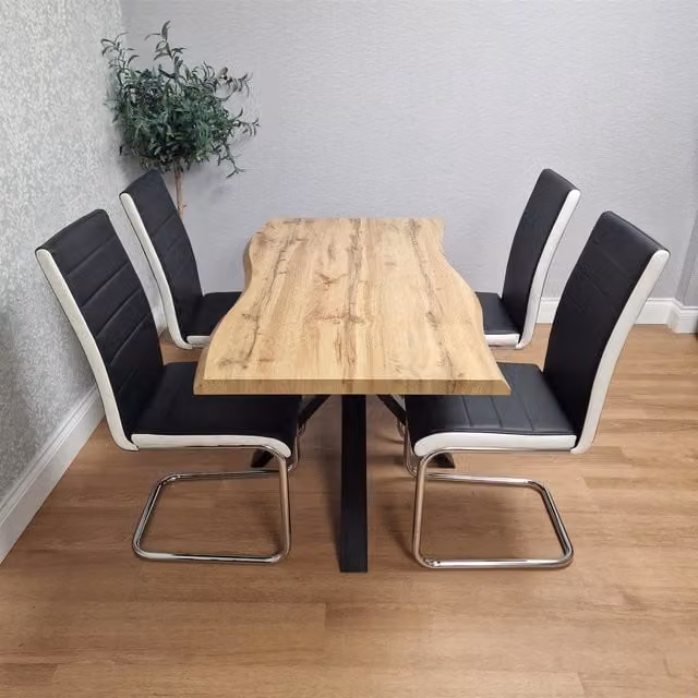 Kosy Koala Modern Industrial Dining Set with Rectangular Brown Wood Table and 4 Black Gem Pattern Faux Leather Chairs