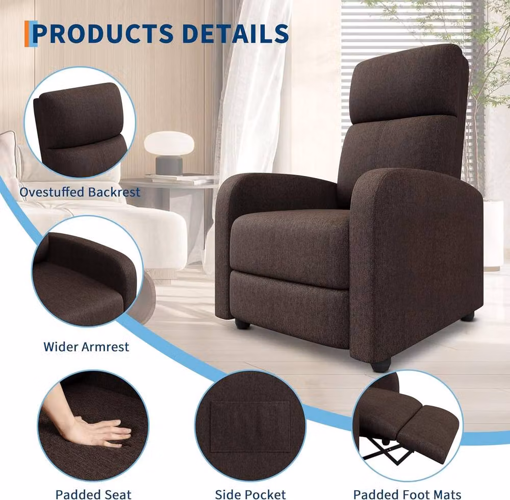 London Boutique Brown Fabric Manual Recliner Chair with Cushion and Side Pocket – 5