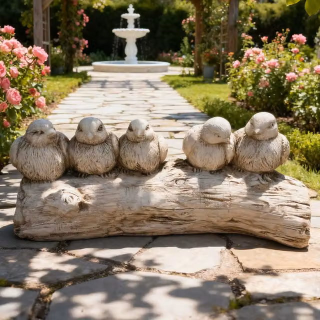 Ornate Collection Five Birds on a Log Animal Statue in White