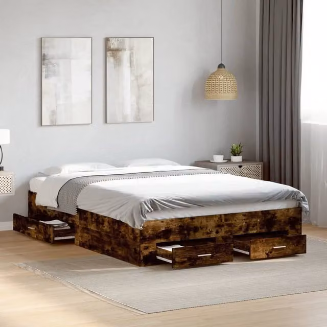 Berkfield Home Double Bed Frame with Drawers in Smoked Oak Brown, W: 135 cm, L: 190 cm