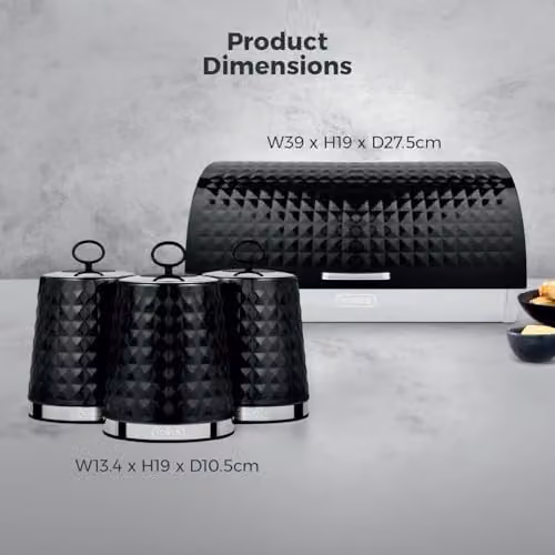 Tower Solitaire Roll Top Bread Bin and Set of 3 Airtight Canisters, Black Stainless Steel, W: 27.5 cm, D: 19.0 cm, H: 39.0 cm – 6