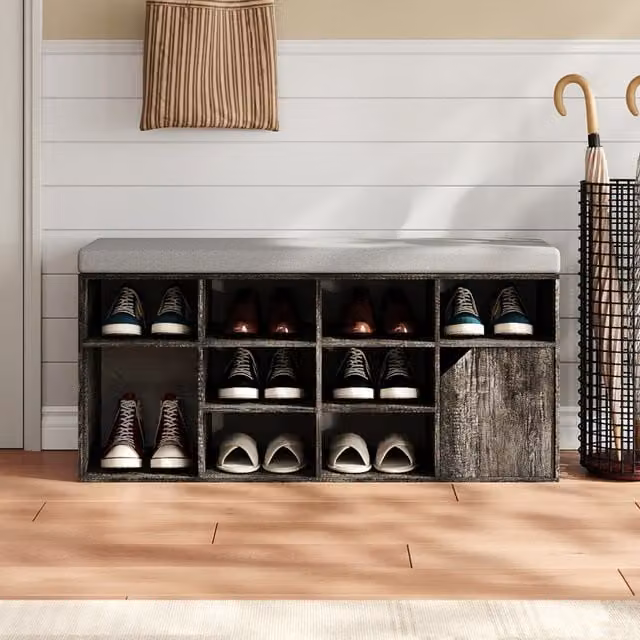 Komore Grey Fabric and Wood Industrial Shoe Storage Bench