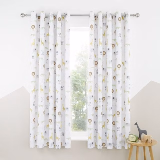 Catherine Lansfield Roarsome Animals Blackout Eyelet Curtains, White and Beige, W: 167.64 cm, H: 182.88 cm