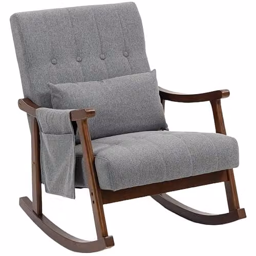 HOMCOM Modern Grey Fabric Rocking Chair with Solid Wood Frame and Armrests W/D/H: 65 x 84 x 87 cm – 1