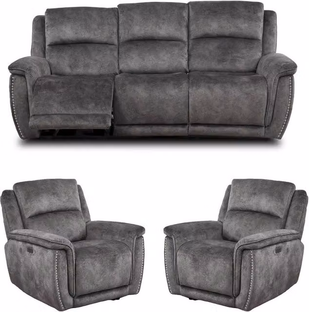 Furnishings For Less UK Mendoza Grey Plush Velvet 3 Piece Electric Reclining Sofa Suite with USB Charging