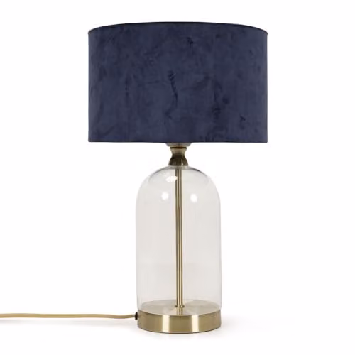 ValueLights Glass and Gold Metal Table Lamp with Navy Blue Velvet Lampshade and Warm White LED Bulb