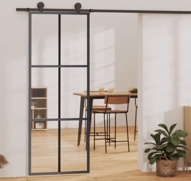 Berkfield Home Sliding Glass and Aluminium Door with Hardware Set, Black, W: 76 cm, H: 205 cm